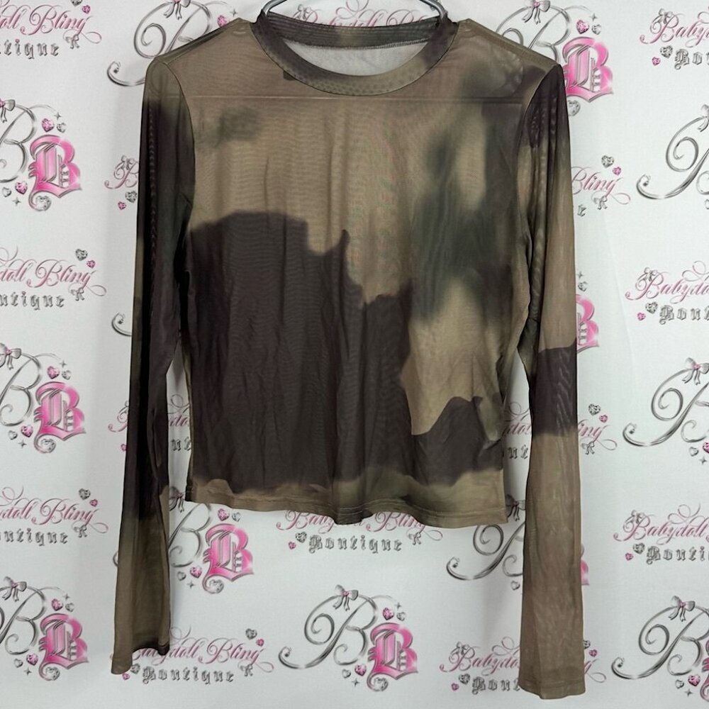 Tie dye style sheer mesh Long Sleeve Top Black and Tan